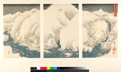 Tormenta de nieve en las montañas y ríos de Kiso de Utagawa Hiroshige
