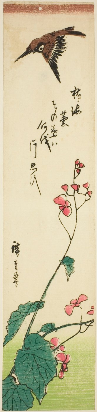 Gorrión volando sobre begonias de Utagawa Hiroshige