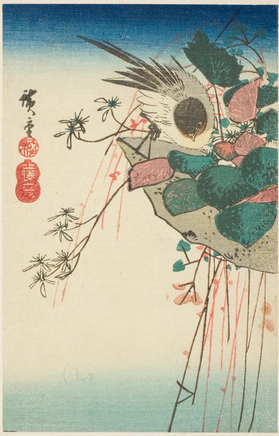 Gorrión en una maceta colgante de Utagawa Hiroshige