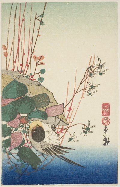 Gorrión en una Maceta Colgante de Utagawa Hiroshige