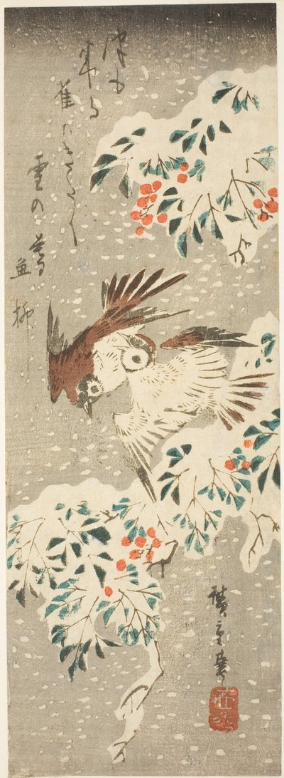Gorriones revoloteando sobre nandina cubierta de nieve mientras cae más nieve de Utagawa Hiroshige