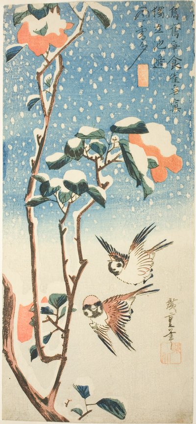 Gorriones y camelia en la nieve de Utagawa Hiroshige
