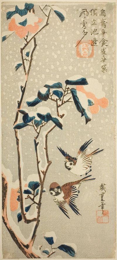 Gorriones y camelia en la nieve de Utagawa Hiroshige