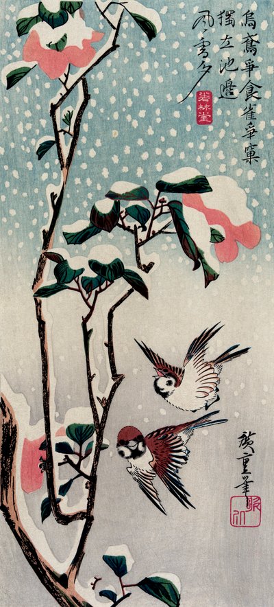 Gorriones y camelias en la nieve, década de 1830 de Utagawa Hiroshige