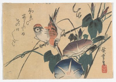 Gorriones y Glorias de la Mañana, período Edo, finales de la década de 1830 de Utagawa Hiroshige