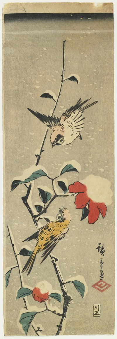Gorriones y Camelia Nevada, 1837-1848 de Utagawa Hiroshige