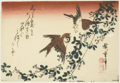 Gorriones y trébol de arbusto de Utagawa Hiroshige