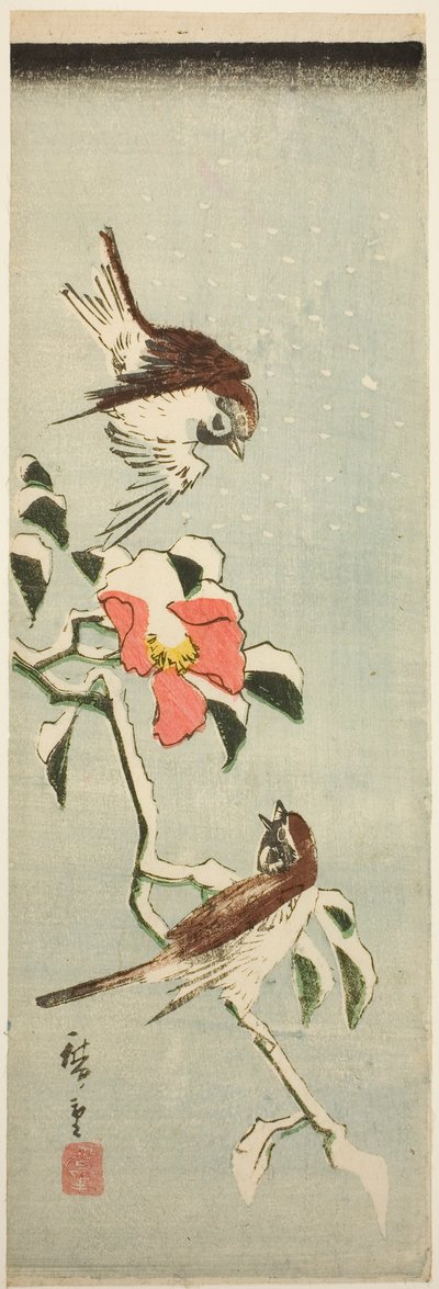 Gorriones y camelia en la nieve de Utagawa Hiroshige
