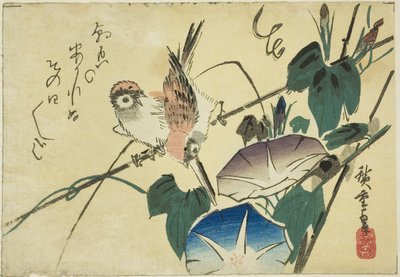 Gorriones y glorias de la mañana de Utagawa Hiroshige