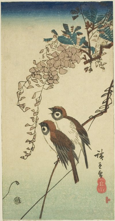 Gorriones y glicinas de Utagawa Hiroshige
