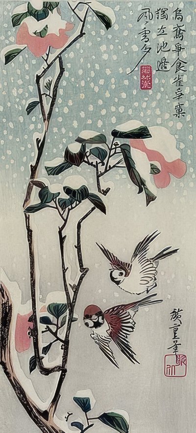 Gorriones y camelias en la nieve de Utagawa Hiroshige