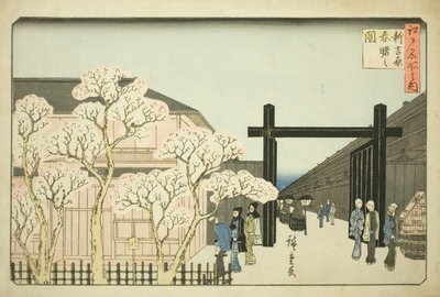 Amanecer de primavera en el Nuevo Yoshiwara (Shin Yoshiwara haru akebono no zu), de la serie "Lugares famosos en Edo (Edo meisho no uchi)" de Utagawa Hiroshige