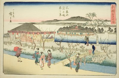 Vista de primavera del nuevo terraplén en el estanque Shinobazu (Shinobazu ike shin dote haru no kei), de la serie "Lugares famosos recién seleccionados en Edo (Shinsen Edo meisho)" de Utagawa Hiroshige