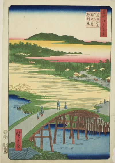 Puente Sugatami, Puente Omokage y la cantera de grava en Takata (Takata Sugataminohashi Omokagenohashi jariba), de la serie "Cien vistas famosas de Edo (Meisho Edo hyakkei)" de Utagawa Hiroshige