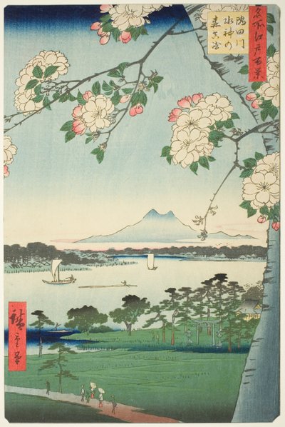 Santuario Suijin y Massaki en el río Sumida, de la serie "Cien vistas famosas de Edo" de Utagawa Hiroshige