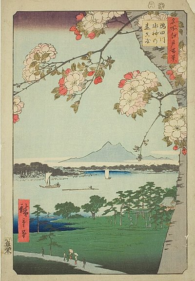 Santuario Suijin y Massaki en el río Sumida (Sumidagawa Suijin no mori Massaki), nº 35 de la serie "Cien vistas famosas de Edo (Meisho Edo hyakkei)". de Utagawa Hiroshige