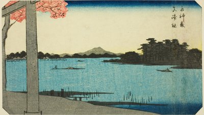 Bosques de Suijin y el santuario en Massaki (Suijin no mori, Massaki yashiro), sección de una hoja de la serie "Imágenes recortadas de lugares famosos en Edo (Edo meisho harimaze zue)" de Utagawa Hiroshige