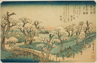 Brillo del atardecer en el Puente Koganei (Koganei-bashi sekisho), de la serie "Ocho Vistas en los Alrededores de Edo (Edo kinko hakkei no uchi)" de Utagawa Hiroshige