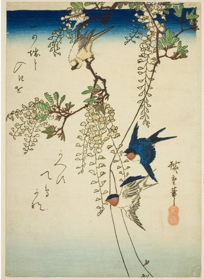 Golondrina, Pájaro Amarillo y Glicinia de Utagawa Hiroshige
