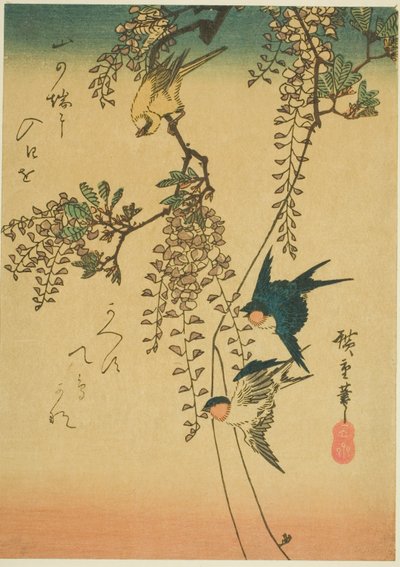 Golondrina, pájaro amarillo y glicinia de Utagawa Hiroshige