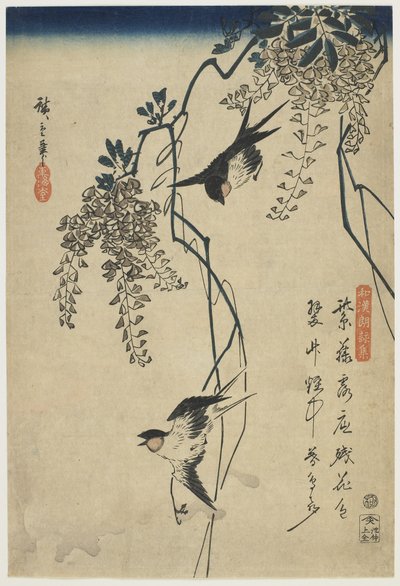 Golondrinas volando a través de vides de glicinia, 1837-44 de Utagawa Hiroshige