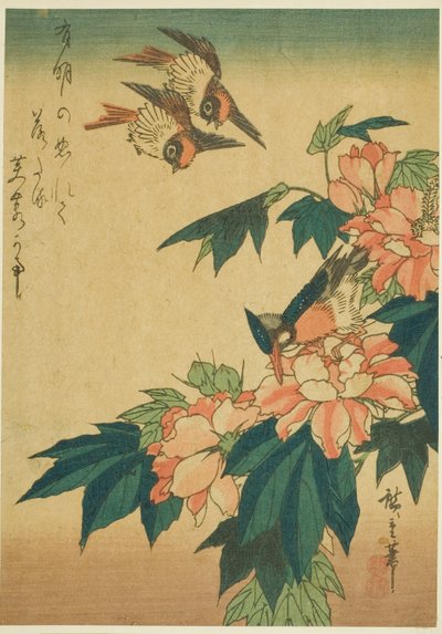 Golondrinas, martín pescador y hibisco de Utagawa Hiroshige