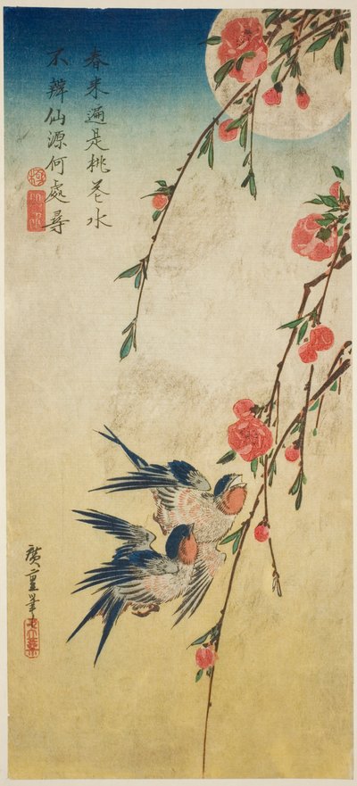 Golondrinas, flores de durazno y luna llena de Utagawa Hiroshige