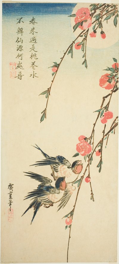 Golondrinas, flores de durazno y luna llena de Utagawa Hiroshige