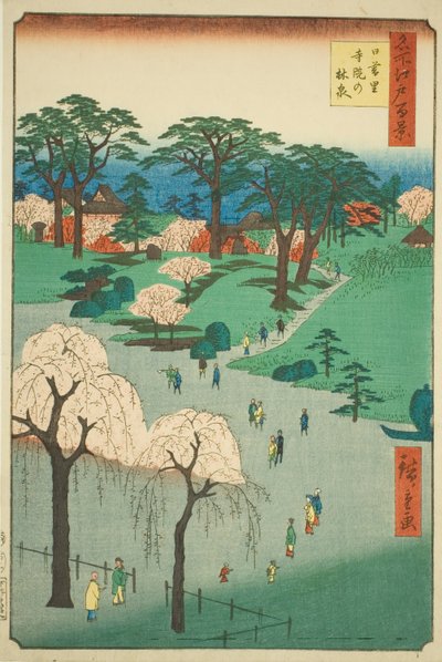 Jardines del Templo en Nippori (Nippori jiin no rinsen), de la serie "Cien Vistas Famosas de Edo (Meisho Edo hyakkei)" de Utagawa Hiroshige