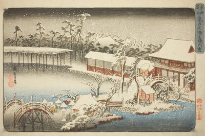 El recinto del santuario Tenman en Kameido bajo la nieve (Kameido Tenmangu keidai no yuki), de la serie "Lugares famosos de la capital oriental (Toto meisho)" de Utagawa Hiroshige