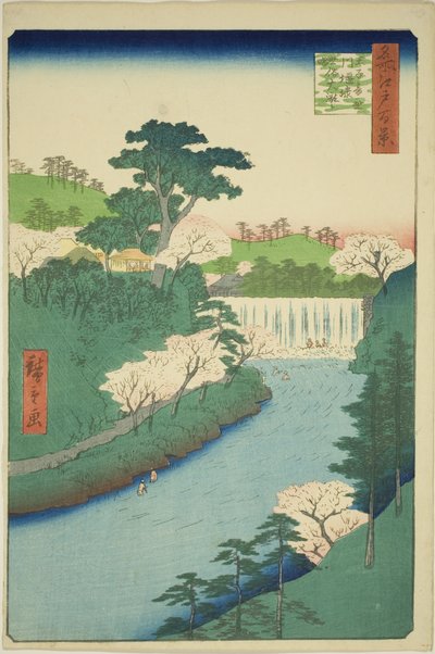 La Presa en el Río Otonashi en Oji, Comúnmente Llamada "La Gran Cascada" (Oji Otonashigawa entai, sezoku Otaki to tonau), de la serie "Cien Vistas Famosas de Edo (Meisho Edo hyakkei)" de Utagawa Hiroshige