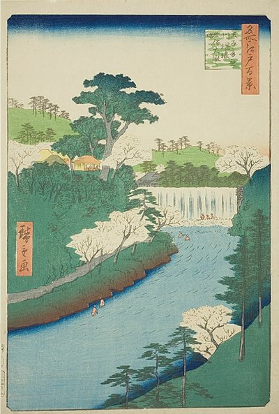 La presa del río Otonashi en Oji, comúnmente llamada "La gran cascada" (Oji Otonashigawa entai, sezoku Otaki to tonau), nº 19 de la serie "Cien vistas famosas de Edo (Meisho Edo hyakkei)". de Utagawa Hiroshige