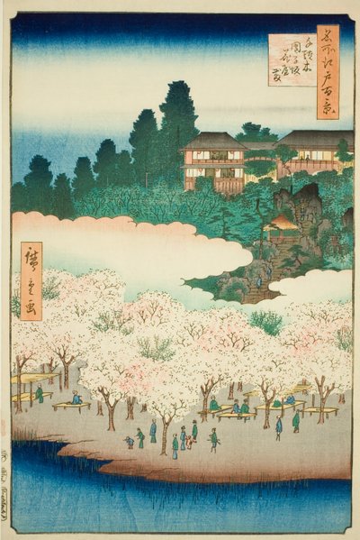 El pabellón de las flores en la ladera de Dango, Sendagi (Sendagi Dangozaka Hanayashiki), nº 16 de la serie "Cien vistas famosas de Edo (Meisho Edo hyakkei)". de Utagawa Hiroshige