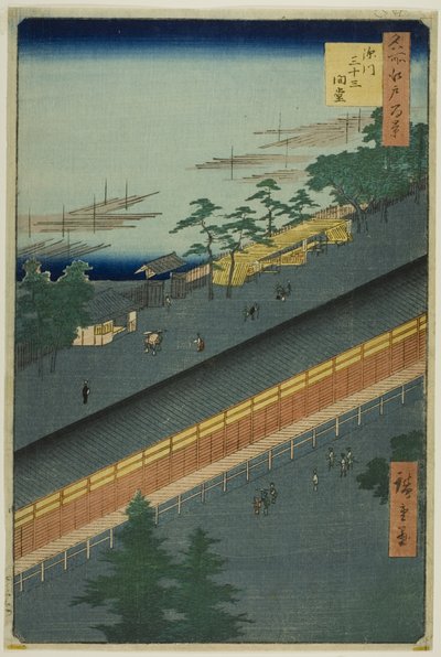La Sala de las Treinta y Tres Bahías de Fukagawa (Fukagawa Sanjusangendo), de la serie "Cien vistas famosas de Edo (Meisho Edo hyakkei)". de Utagawa Hiroshige