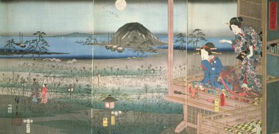 La Dama Fujitsubo observando al Príncipe Genji partir a la luz de la luna, 1853 de Utagawa Hiroshige