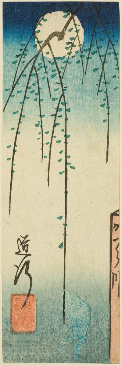 La escena Michiyuki de la obra Ohan y Choemon (Michiyuki, Ohan Choemon), sección de una hoja de la serie "Reflejos de dramas en recortes (Harimaze joruri kagami)" de Utagawa Hiroshige