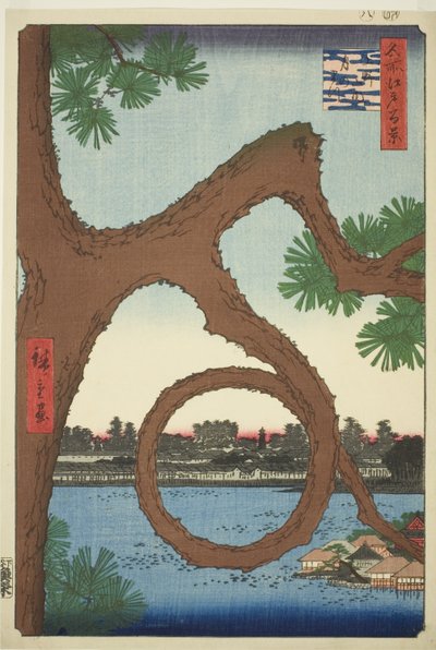 El pino de la luna en los terrenos del templo en Ueno (Ueno sannai Tsuki no matsu), de la serie "Cien vistas famosas de Edo (Meisho Edo hyakkei)" de Utagawa Hiroshige