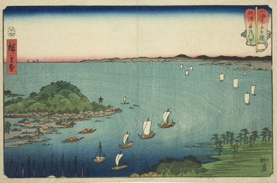 La boca del río Aji en la provincia de Settsu (Settsu Ajikawaguchi), de la serie "Luchas entre montañas y mares (Sankai mitate zumo)" de Utagawa Hiroshige
