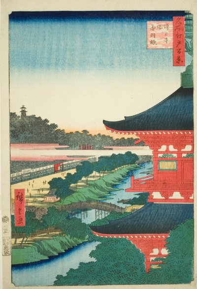 La Pagoda del Templo Zojo y Akabane (Zojoji to, Akabane), No.53 de la serie "Cien Vistas Famosas de Edo (Meisho Edo hyakkei)" de Utagawa Hiroshige