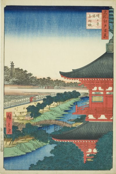 La pagoda en el templo Zojo y Akabane (Zojoji to, Akabane), de la serie "Cien vistas famosas de Edo (Meisho Edo hyakkei)" de Utagawa Hiroshige
