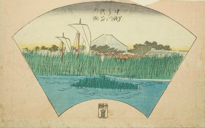 La profundidad de la separación del río de tres puntas en Nakasu (Nakasu Mitsumata Wakarenofuchi), sección de una hoja de la serie "Imágenes recortadas de lugares famosos en Edo (Edo meisho harimaze zue)" de Utagawa Hiroshige