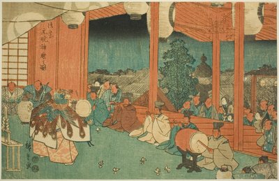 La Danza Sagrada en el Santuario Shinmei en Shiba al Amanecer (Shiba Shinmei, Omiya gengyo kagura no zu), de la serie "Lugares Famosos en la Capital del Este (Toto meisho)" de Utagawa Hiroshige