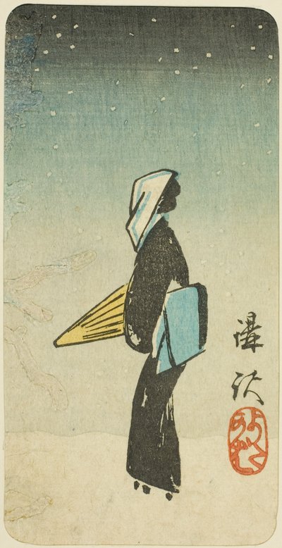 La escena de la prostituta de la obra Koshaku (Koshaku yotakaba), sección de una hoja de la serie "Reflejos de dramas en recortes (Harimaze joruri kagami)" de Utagawa Hiroshige