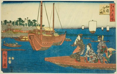 El santuario Sumiyoshi en la isla Tsukuda, de la serie "Lugares famosos en Edo" de Utagawa Hiroshige