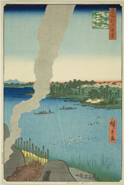 Hornos de tejas y ferry de Hashiba en el río Sumida (Sumidagawa Hashiba no watashi kawaragama), de la serie "Cien vistas famosas de Edo (Meisho Edo hyakkei)" de Utagawa Hiroshige