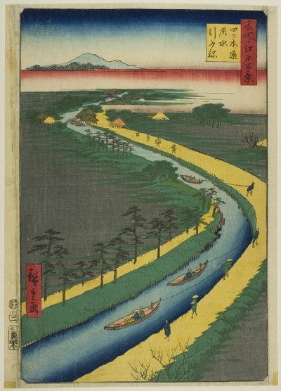 Remolcadores a lo largo del canal Yotsugidori (Yotsugidori yosui hikifune), de la serie "Cien vistas famosas de Edo (Meisho Edo hyakkei)" de Utagawa Hiroshige