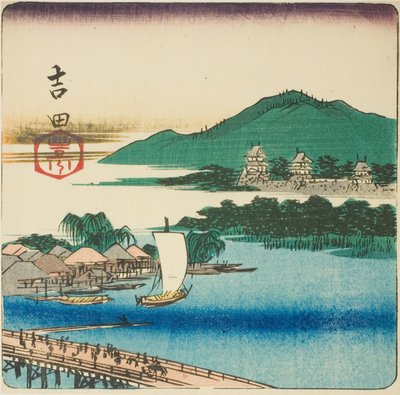 Río Toyo en Yoshida (Yoshida, Toyokawa), sección de una hoja de la serie "Recortes de las cincuenta y tres estaciones (Gojusan tsugi harimaze)" de Utagawa Hiroshige