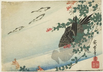 Truchas, pato y trébol de arbusto de Utagawa Hiroshige