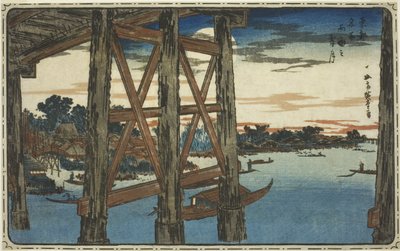 Luna Crepuscular en el Puente Ryogoku (Ryogoku no yoizuki), de la serie "Vistas Famosas de la Capital Oriental (Toto meisho)" de Utagawa Hiroshige