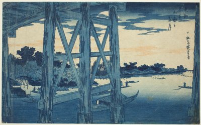 Luna Crepuscular en el Puente Ryogoku (Ryogoku no yoizuki), de la serie "Vistas Famosas de la Capital del Este (Toto meisho)" de Utagawa Hiroshige